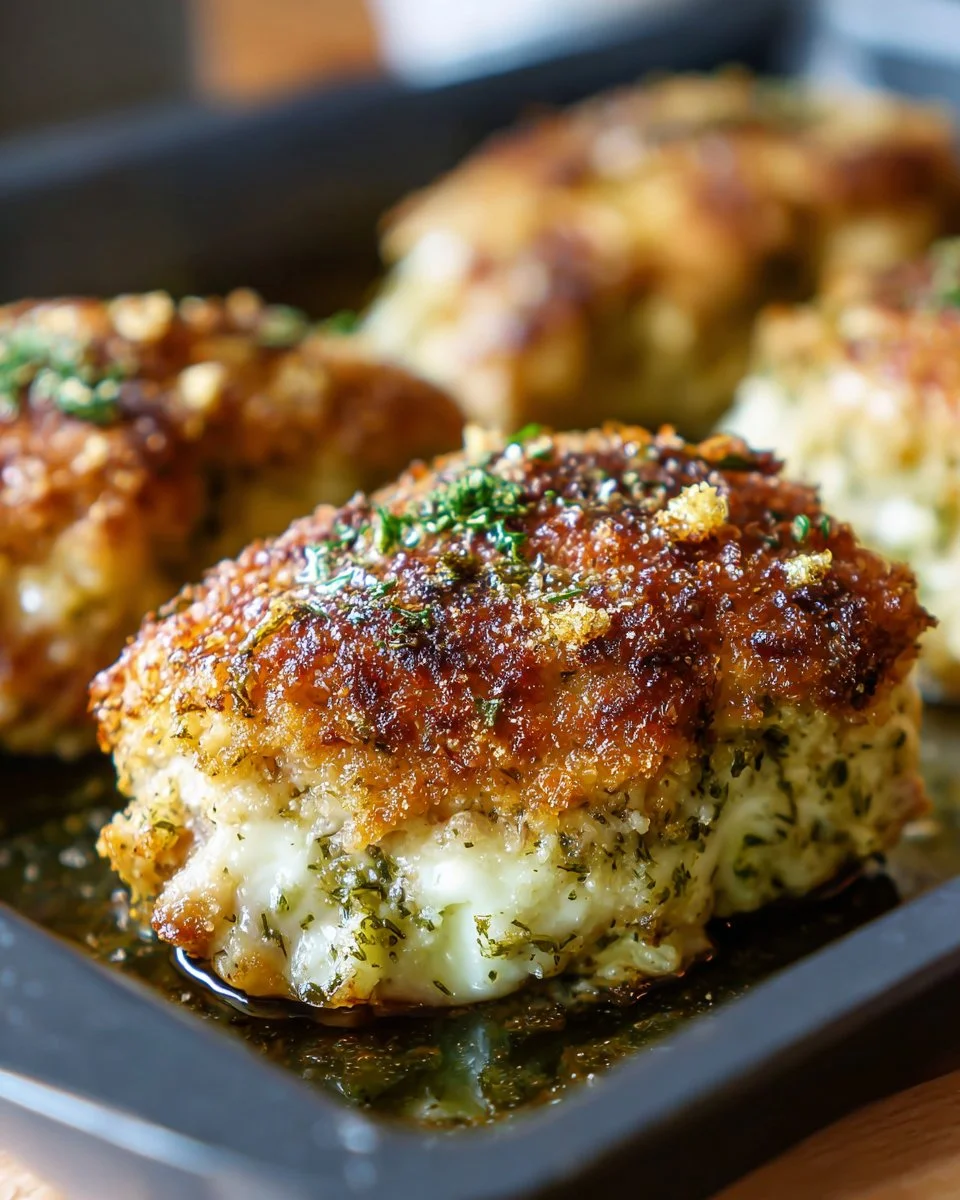 Pesto stuffed chicken breast garnished with fresh herbs on a plate