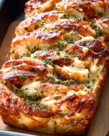 Cheesy Pizza Pull-Apart Bread served on a wooden platter with marinara sauce