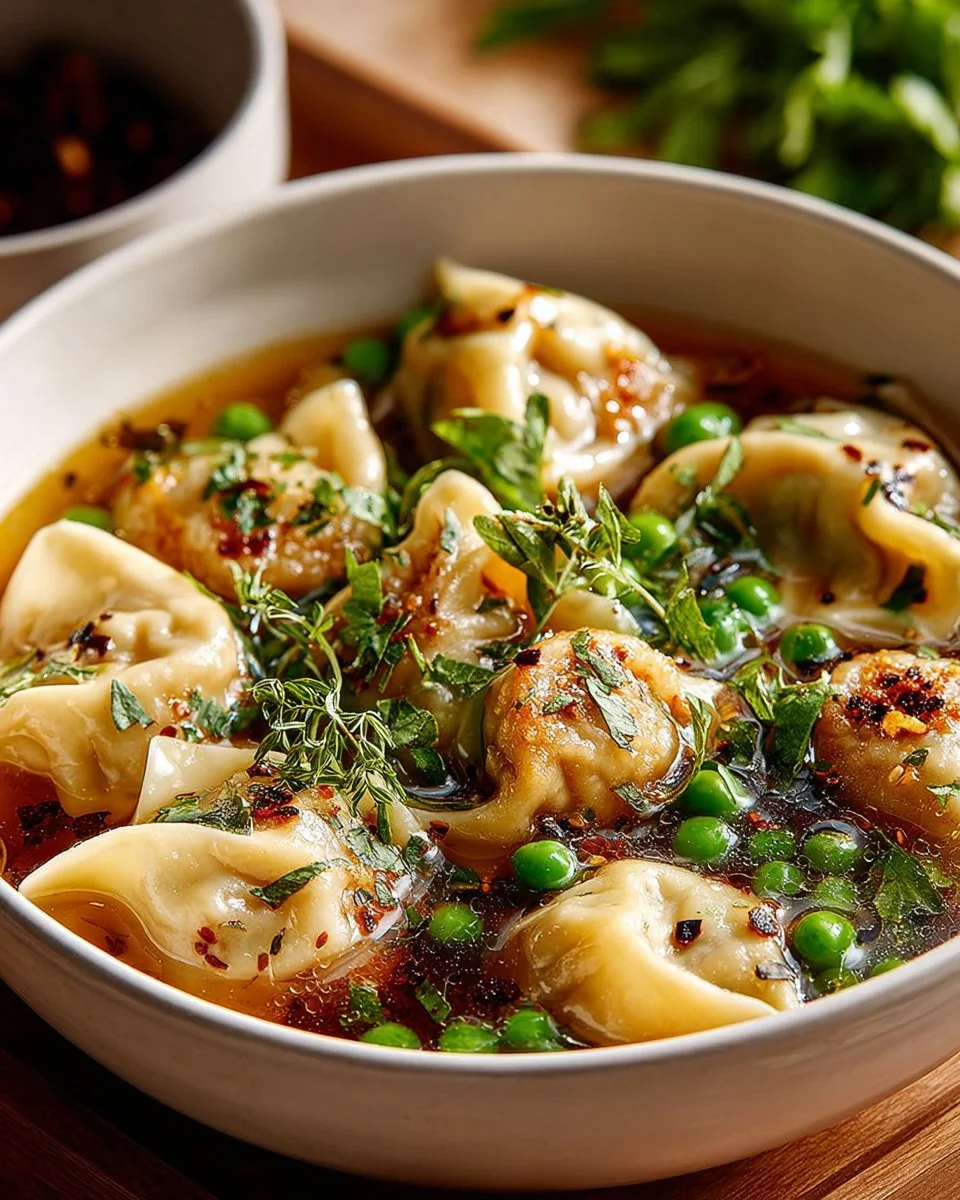 Bowl of flavorful Potsticker Soup with dumplings and green onions