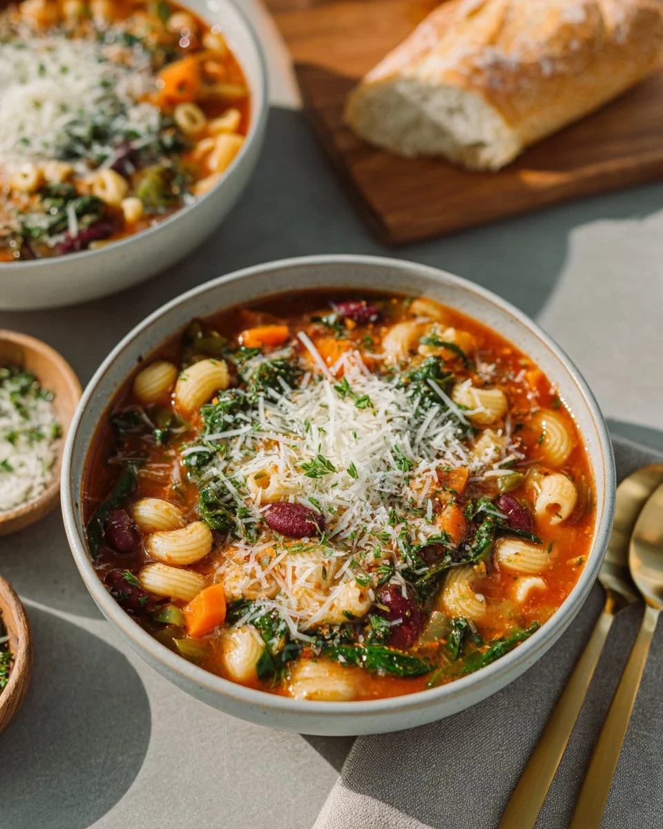 Bowl of quick and easy minestrone soup with vegetables and pasta