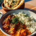 Delicious homemade butter chicken served with rice and naan bread