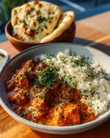 Delicious homemade butter chicken served with rice and naan bread