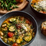 A delicious bowl of Rancho Gordo's minestrone soup, filled with fresh vegetables.