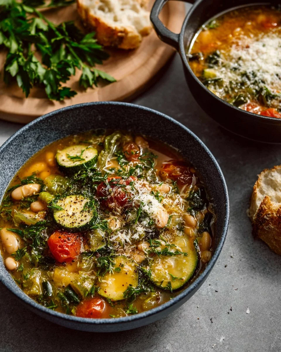 A delicious bowl of Rancho Gordo's minestrone soup, filled with fresh vegetables.