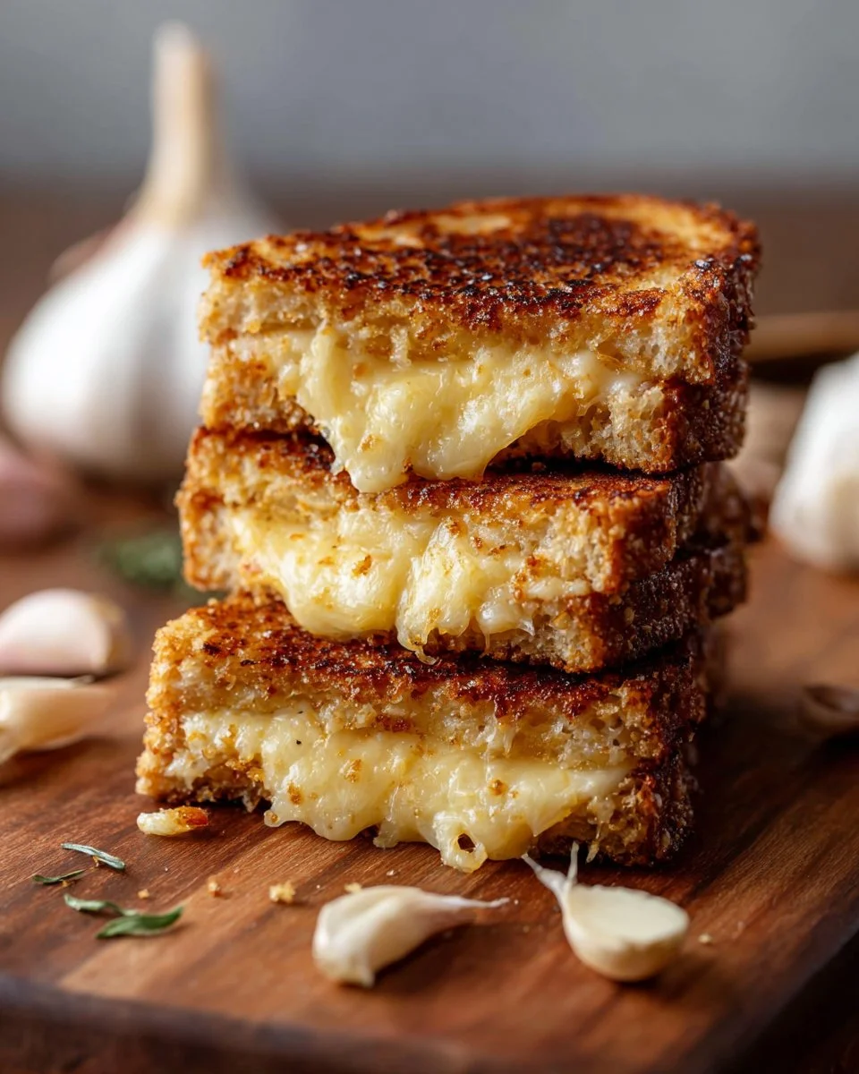 Close-up of a roasted garlic grilled cheese sandwich with melty cheese and toasted bread.