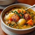 A bowl of hearty roasted vegetable soup garnished with fresh herbs and bread.