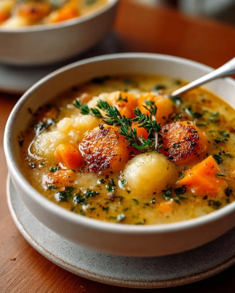 A bowl of hearty roasted vegetable soup garnished with fresh herbs and bread.
