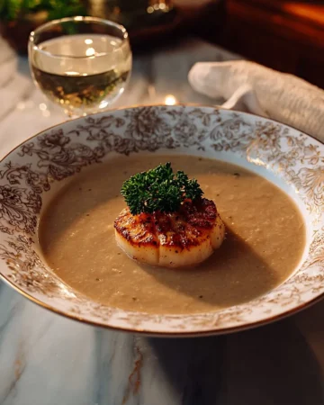 Bowl of scallops and roasted chestnut soup garnished with fresh herbs