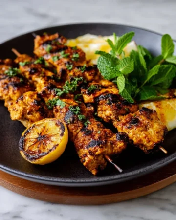 Delicious Shish Tawook grilled chicken skewers served with vegetables.