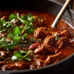 Delicious bowl of shredded beef chili with meat, topped with cheese and herbs.