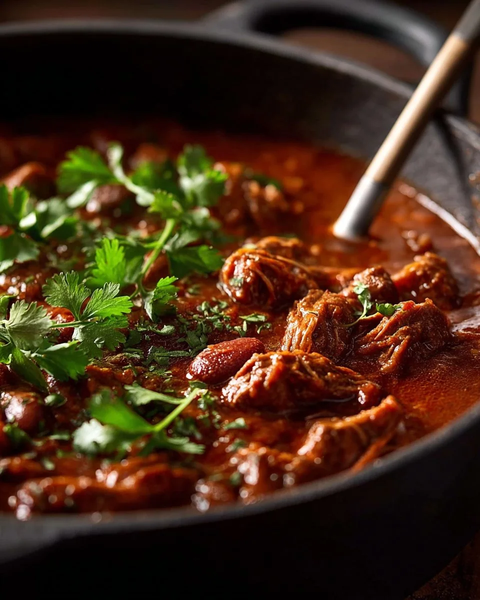 Delicious bowl of shredded beef chili with meat, topped with cheese and herbs.