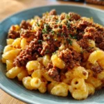A bowl of Sloppy Joe Mac & Cheese topped with crispy breadcrumbs.