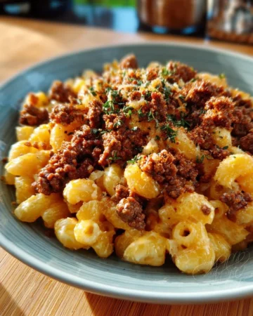 A bowl of Sloppy Joe Mac & Cheese topped with crispy breadcrumbs.