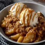 Delicious slow cooker apple crisp dessert topped with oats and cinnamon
