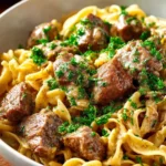 Bowl of slow cooker beef stroganoff served with noodles and garnished with parsley.