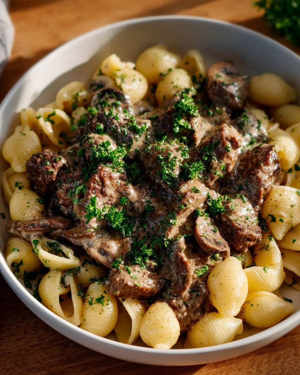 Delicious bowl of Slow Cooker Beef Stroganoff with beef and creamy sauce