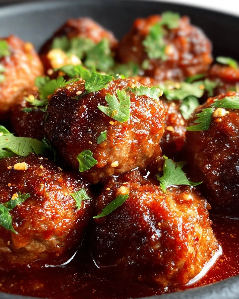 Slow Cooker Sweet Spicy Meatballs cooking in a pot with rich sauce.