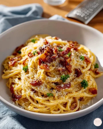 Plate of delicious Spaghetti Carbonara topped with Parmesan cheese and parsley