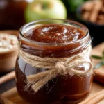 Jar of spiced apple butter with cinnamon and apples on a wooden table