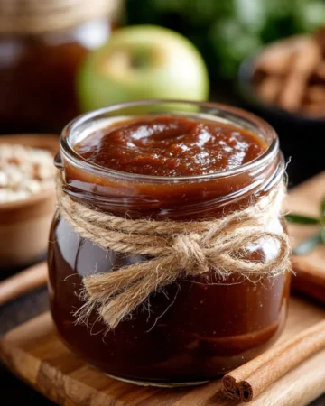 Jar of spiced apple butter with cinnamon and apples on a wooden table