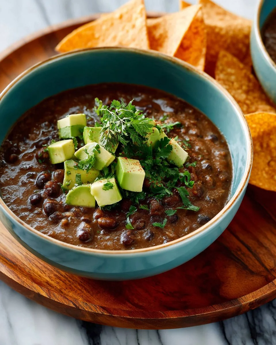 Bowl of spicy black bean soup garnished with herbs and spices.