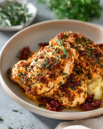 Sun-Dried Tomato and Artichoke Stuffed Chicken dish plated beautifully