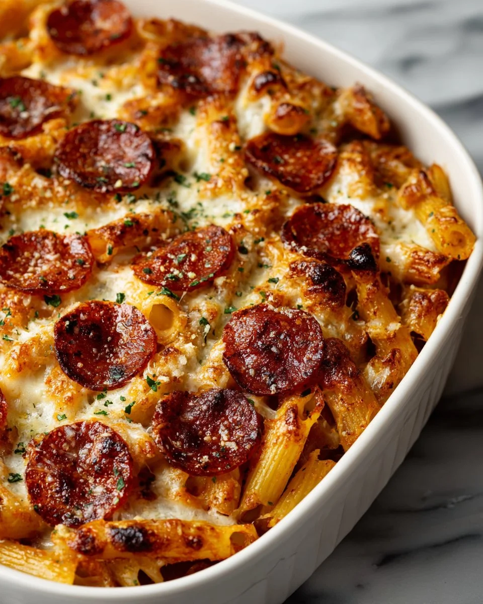 Super easy pizza pasta bake dish with cheese and toppings