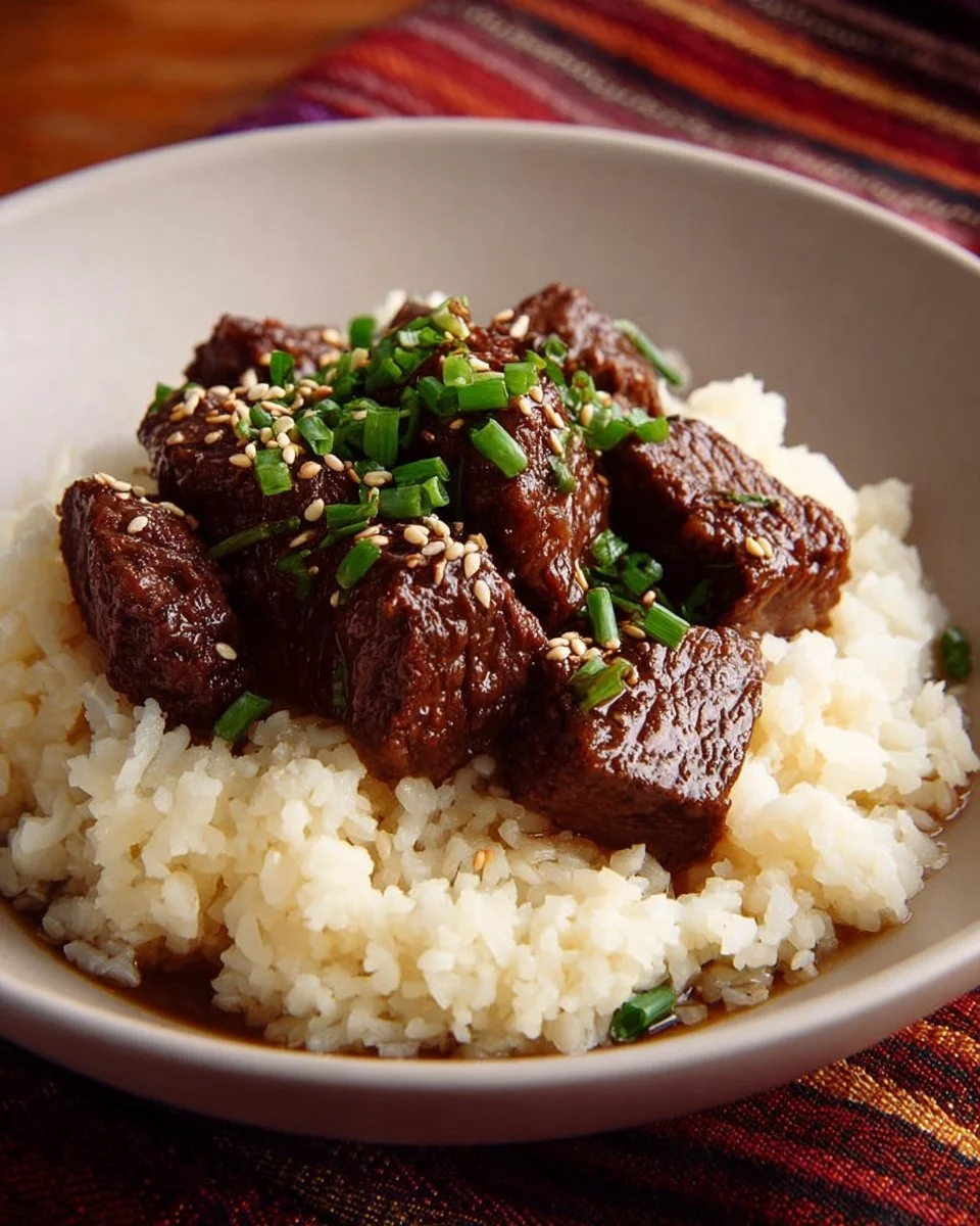 Plate of super spicy Mongolian beef with vegetables and rice
