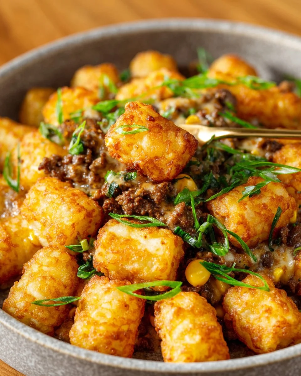 Delicious Tater Tot Casserole topped with golden crispy tater tots
