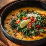 Delicious Thai coconut red lentil soup served in a bowl with fresh herbs