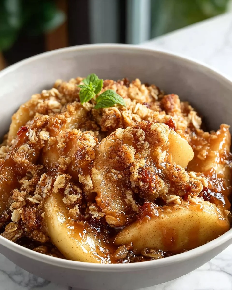 Delicious homemade apple crisp with golden oat topping in a baking dish