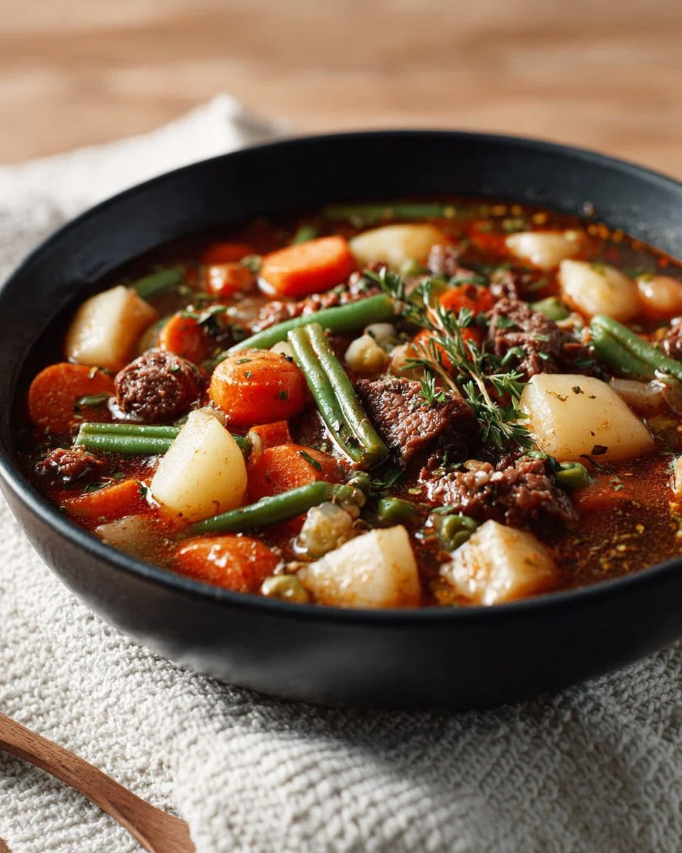 Bowl of Vegetable Beef Soup with fresh vegetables and tender beef
