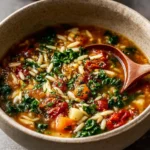 Bowl of Vegetable Orzo Soup with fresh vegetables and orzo pasta