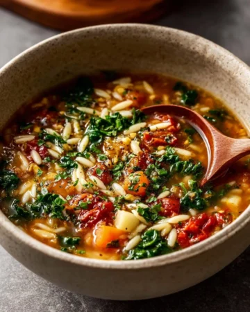 Bowl of Vegetable Orzo Soup with fresh vegetables and orzo pasta