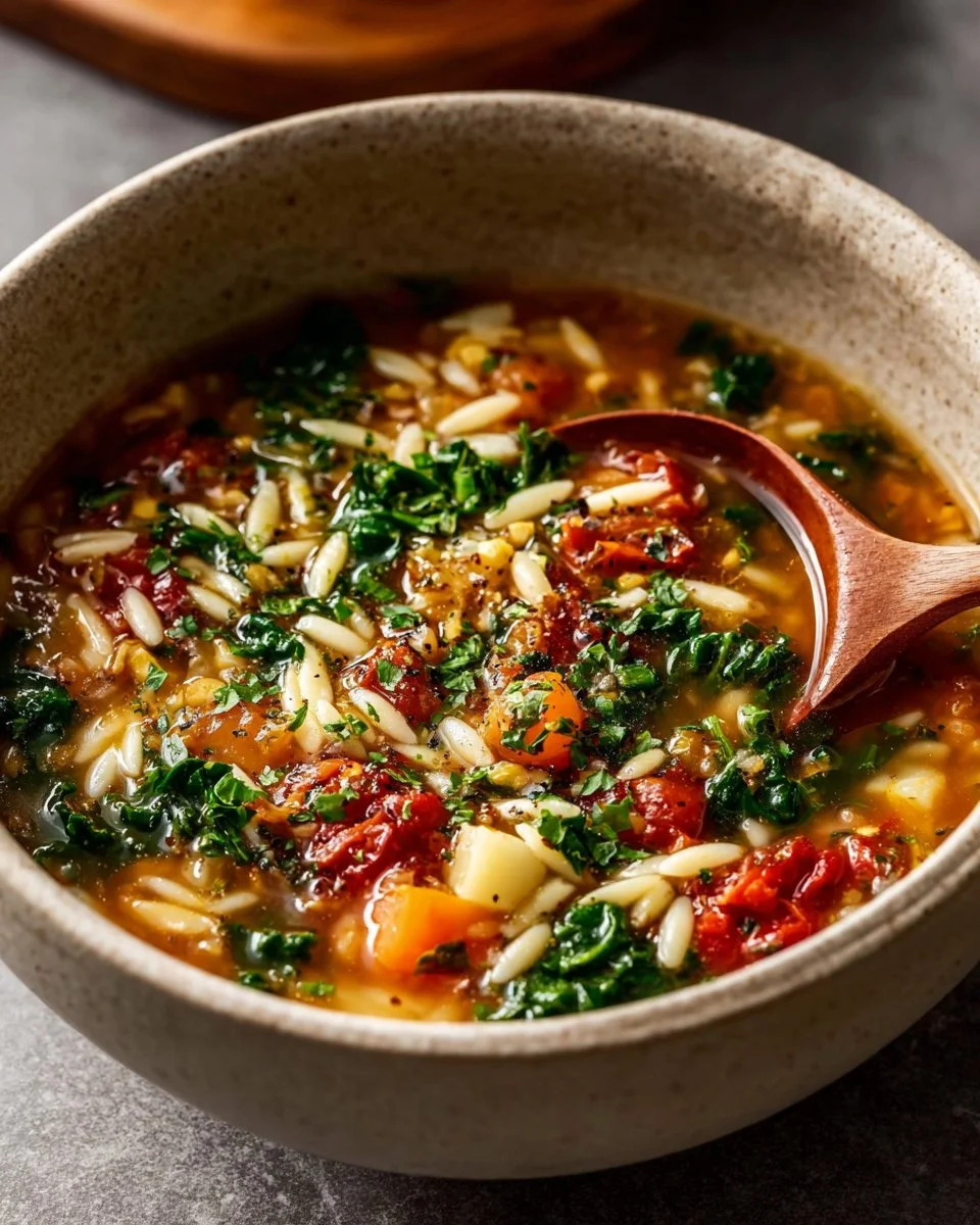 Bowl of Vegetable Orzo Soup with fresh vegetables and orzo pasta
