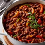 Delicious vegetarian chili with beans served in a bowl, garnished with fresh herbs.