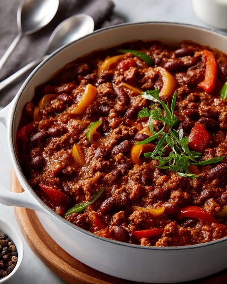 Delicious vegetarian chili with beans served in a bowl, garnished with fresh herbs.