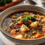 Bowl of flavorful vegetarian lentil soup with vegetables and herbs