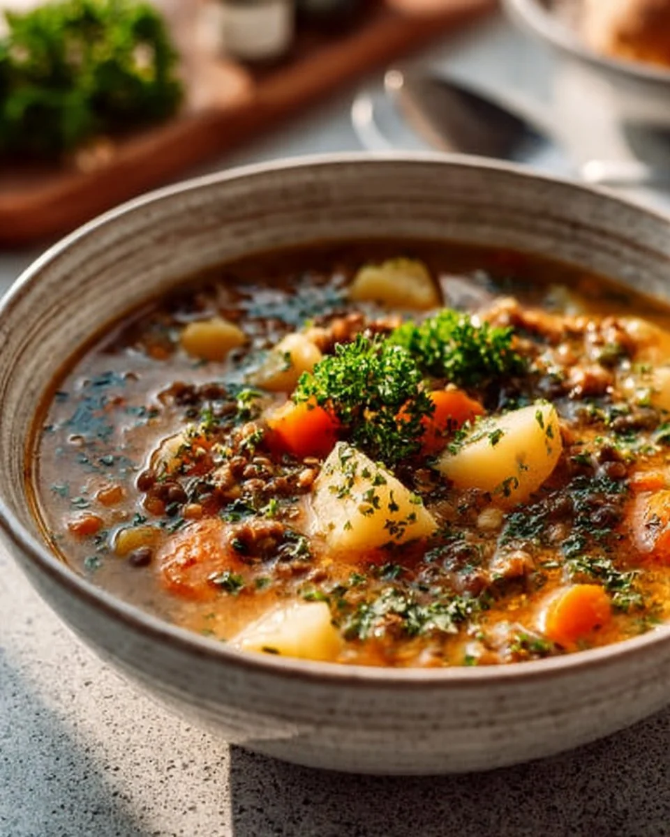 Bowl of flavorful vegetarian lentil soup with vegetables and herbs