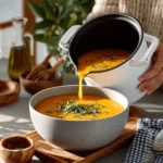 Bowl of warm butternut squash soup topped with herbs and cream.