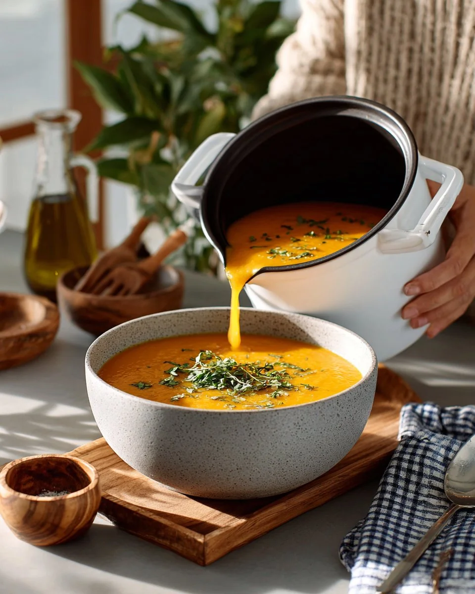 Bowl of warm butternut squash soup topped with herbs and cream.