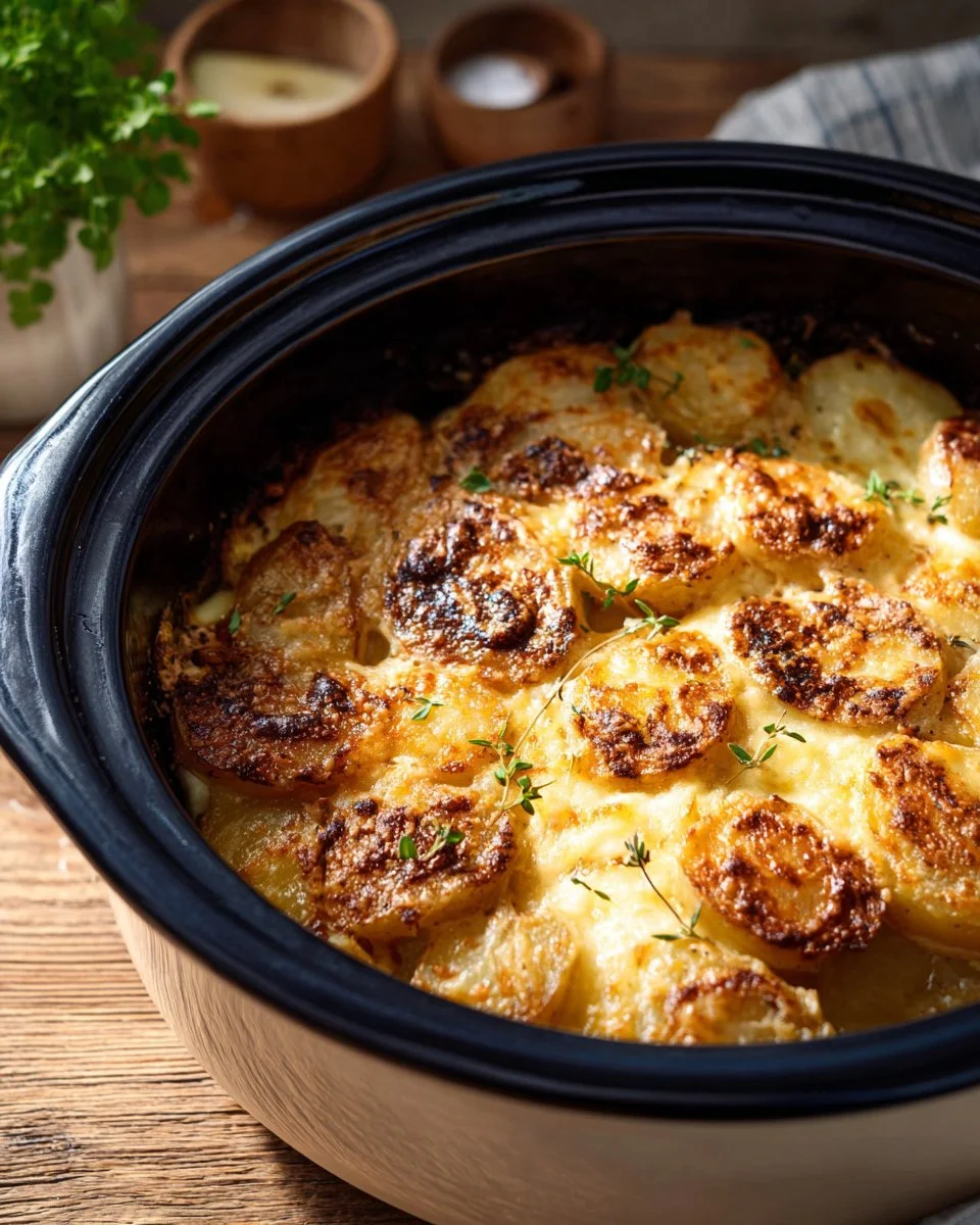 Delicious Au Gratin Potatoes prepared in a crockpot, perfect for dinner.