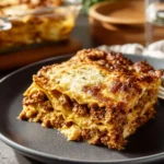 Homemade authentic Italian lasagna with layers of pasta, meat, and cheese