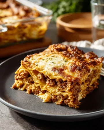 Homemade authentic Italian lasagna with layers of pasta, meat, and cheese