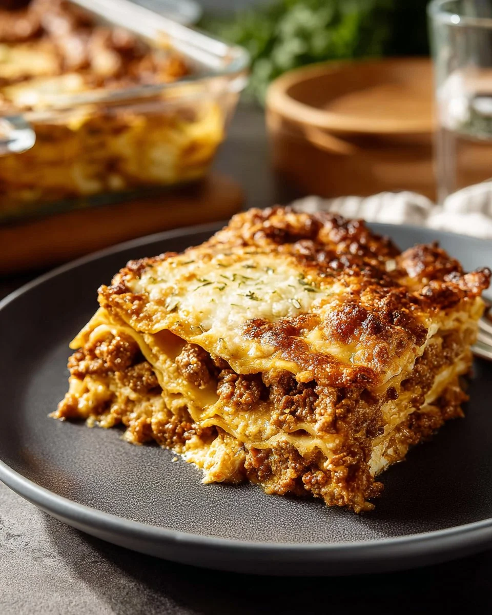 Homemade authentic Italian lasagna with layers of pasta, meat, and cheese