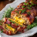 Bacon Wrapped Cheese Stuffed Meatloaf ready to be served