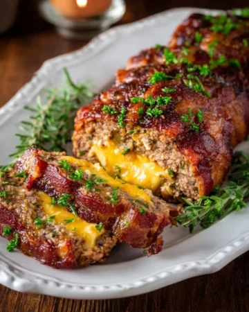 Bacon Wrapped Cheese Stuffed Meatloaf ready to be served