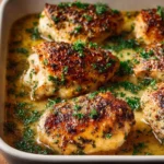 Baked garlic butter chicken topped with melted mozzarella