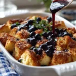Blueberry and Cream Cheese French Toast Casserole ready to serve