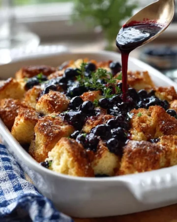 Blueberry and Cream Cheese French Toast Casserole ready to serve